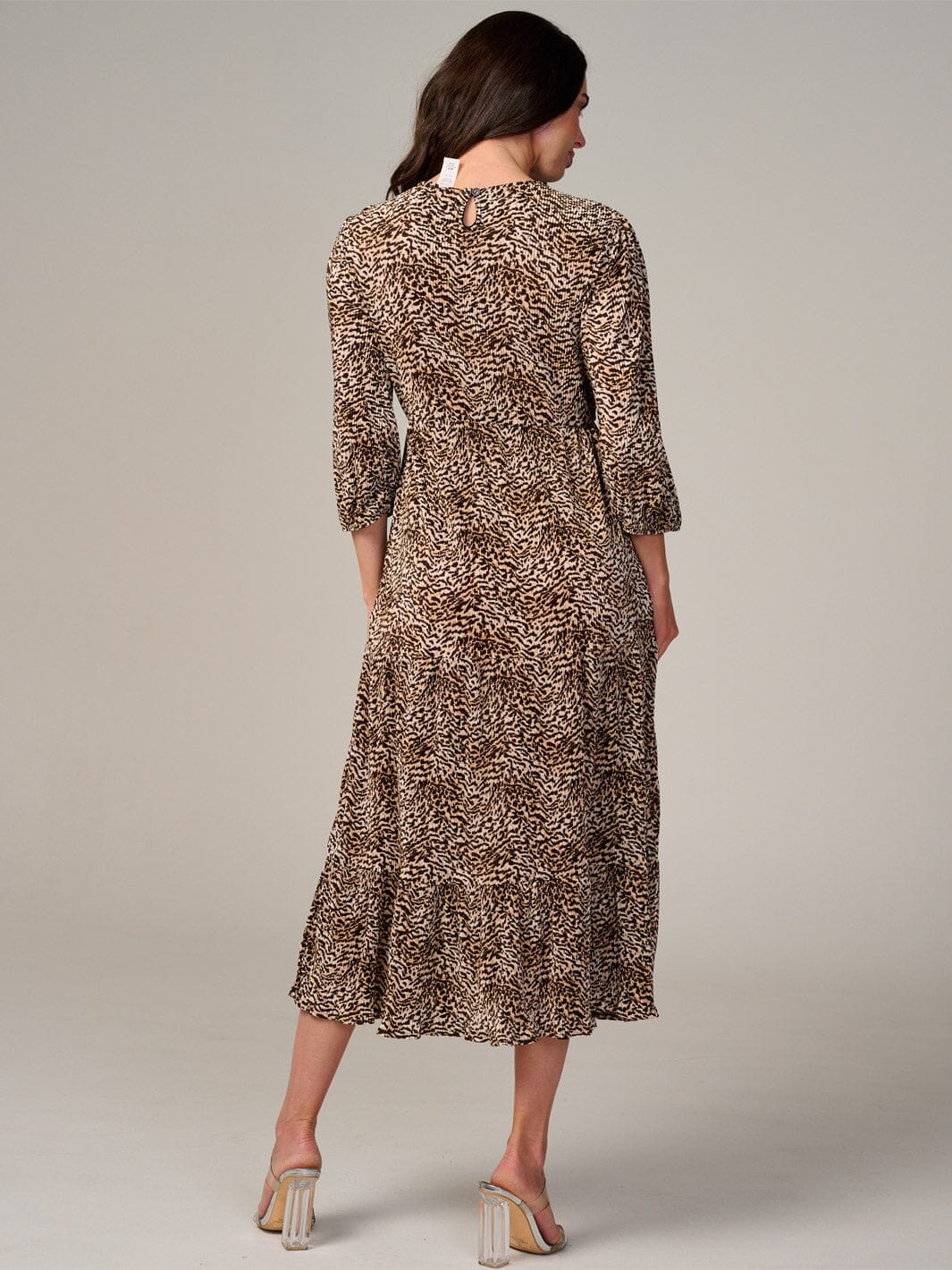 WOMEN'S LONG SLEEVE FRONT POCKETS ELASTIC WAIST ANIMAL PRINT MAXI DRESS
