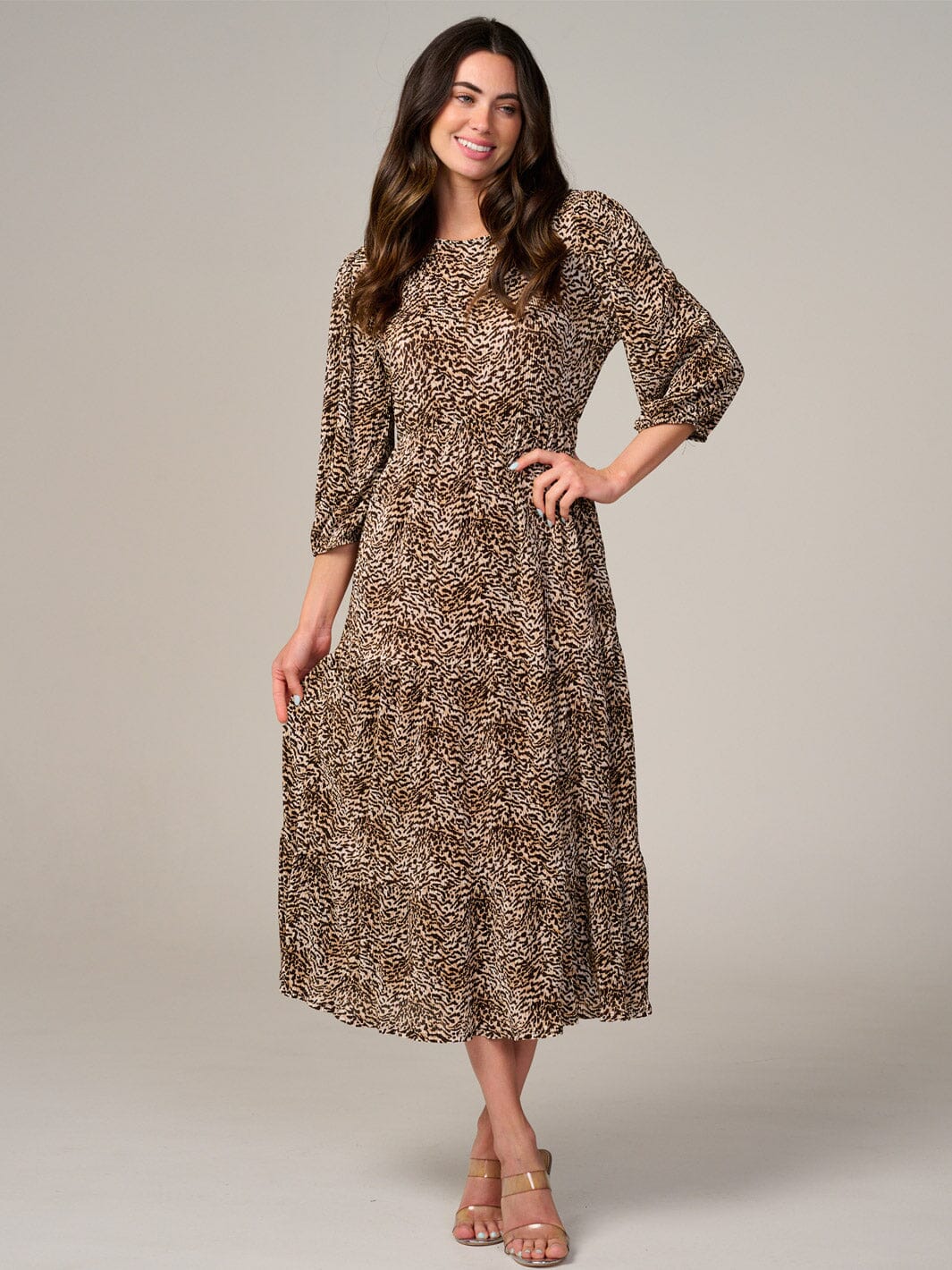 WOMEN'S LONG SLEEVE FRONT POCKETS ELASTIC WAIST ANIMAL PRINT MAXI DRESS
