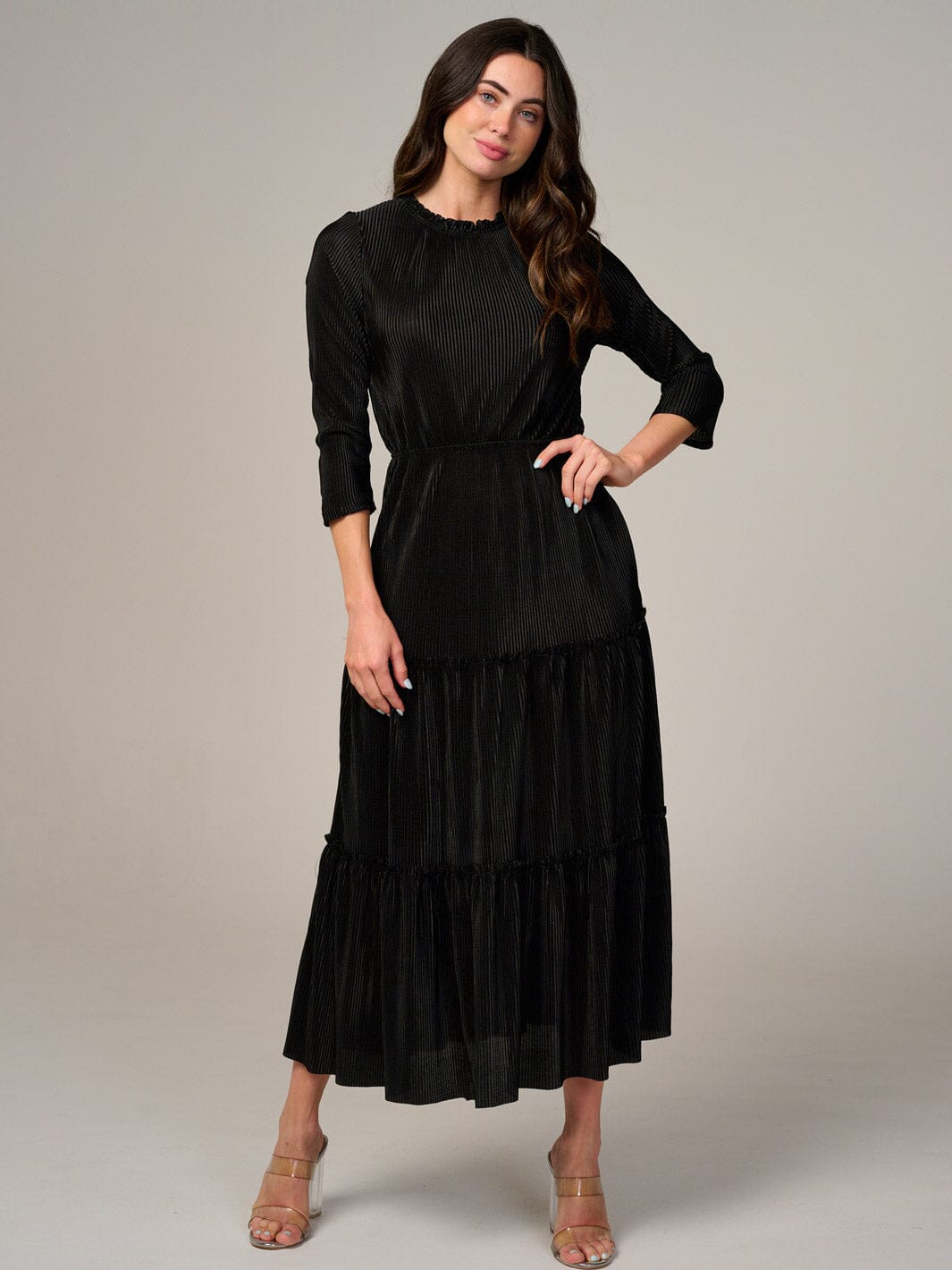 WOMEN'S LONG SLEEVE FRONT POCKETS SELF TIE ELASTIC WAIST MAXI DRESS