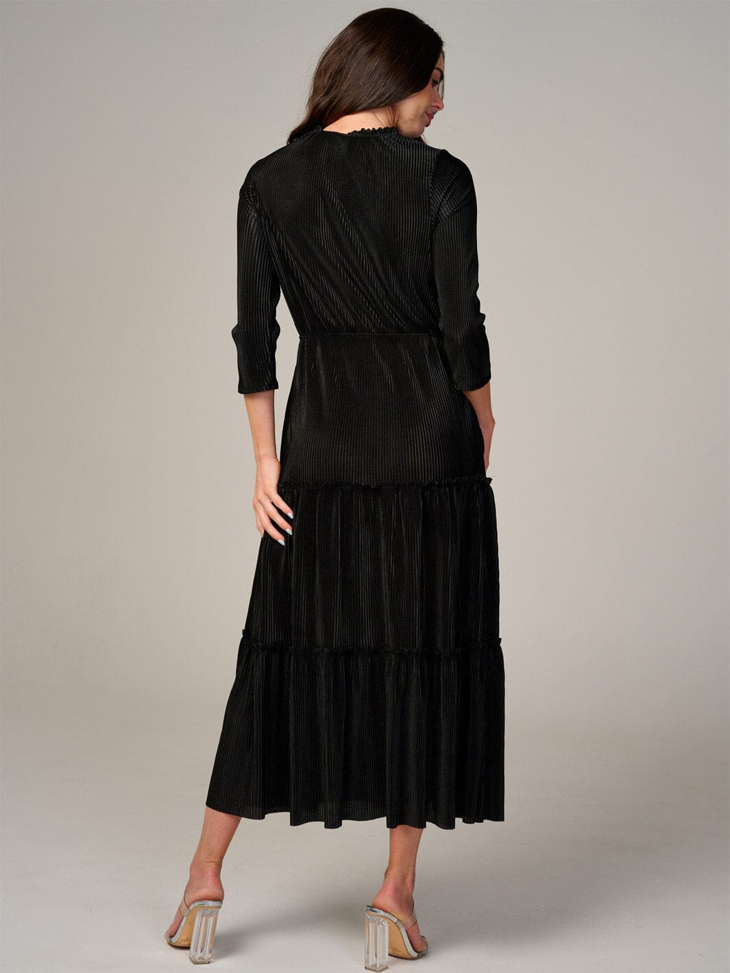 WOMEN'S LONG SLEEVE FRONT POCKETS SELF TIE ELASTIC WAIST MAXI DRESS
