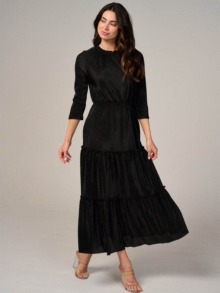 WOMEN'S LONG SLEEVE FRONT POCKETS SELF TIE ELASTIC WAIST MAXI DRESS
