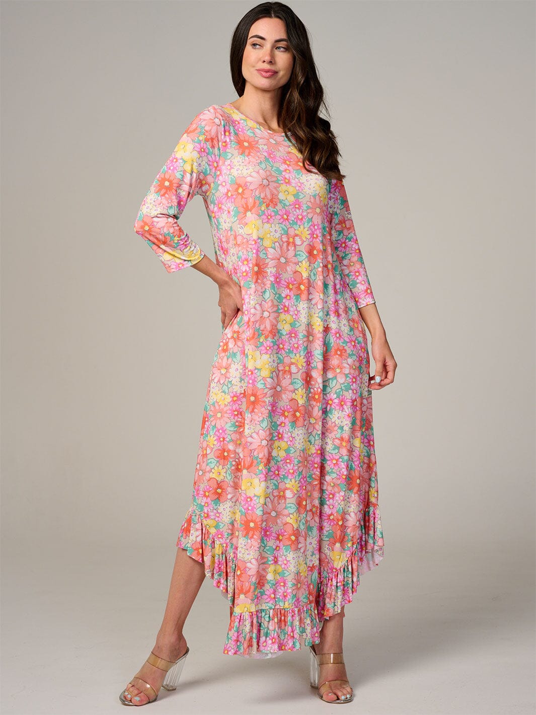 WOMEN'S 3/4 SLEEVE FRONT POCKETS FLORAL RUFFLE BOTTOM HEM MAXI DRESS