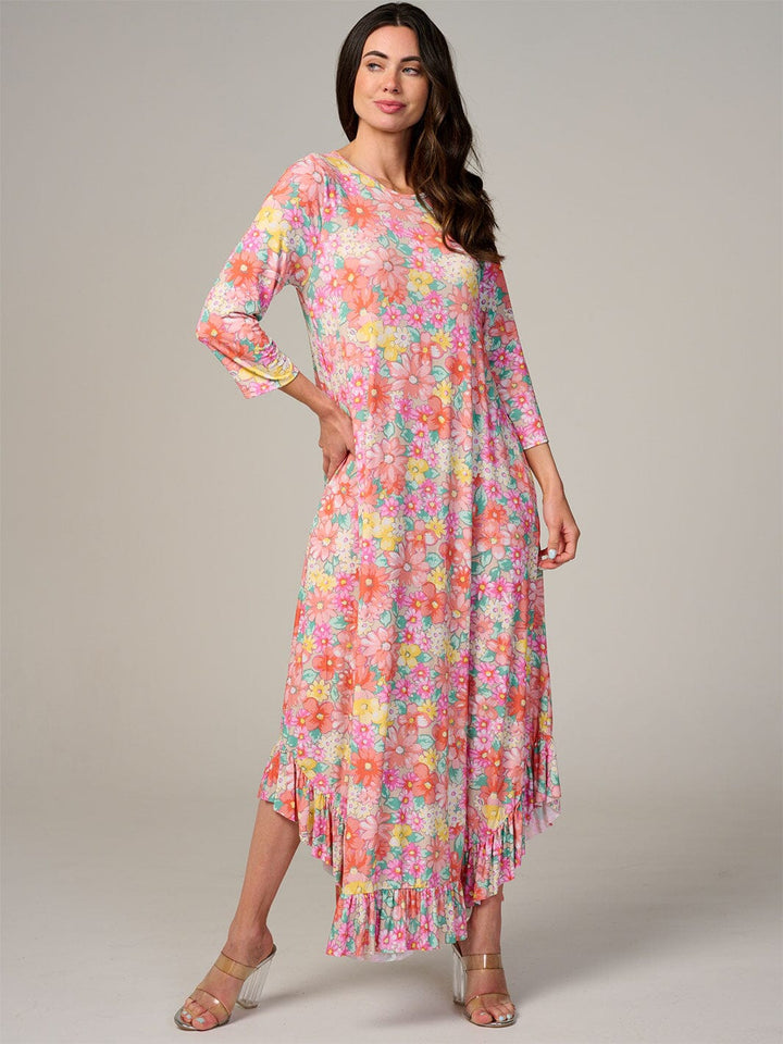 WOMEN'S 3/4 SLEEVE FRONT POCKETS FLORAL RUFFLE BOTTOM HEM MAXI DRESS