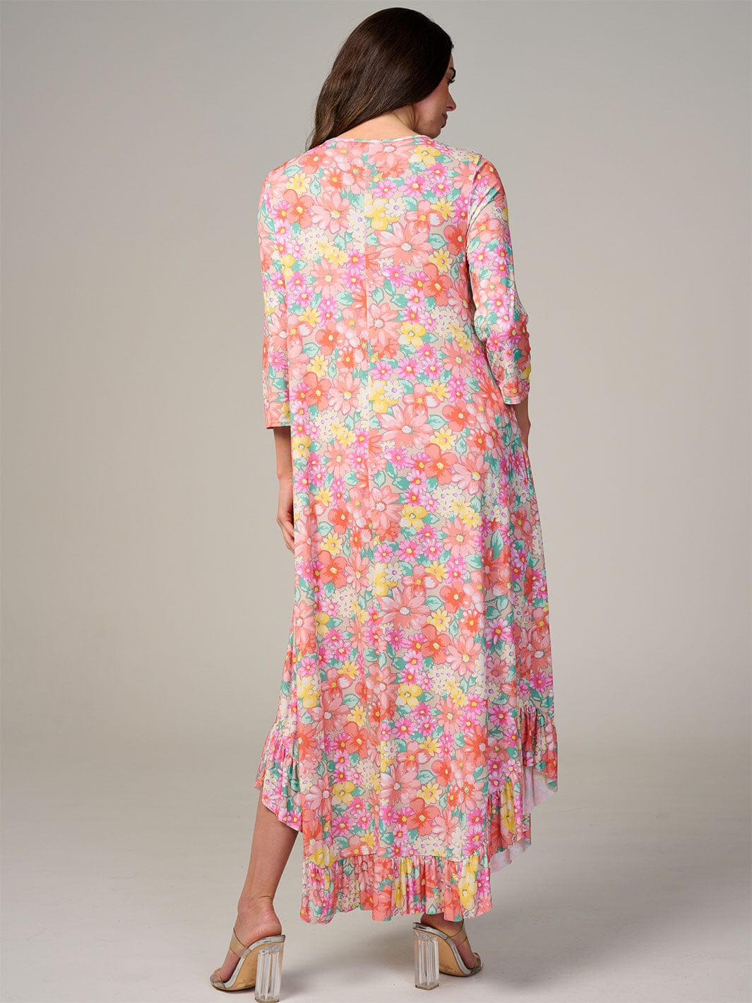 WOMEN'S 3/4 SLEEVE FRONT POCKETS FLORAL RUFFLE BOTTOM HEM MAXI DRESS