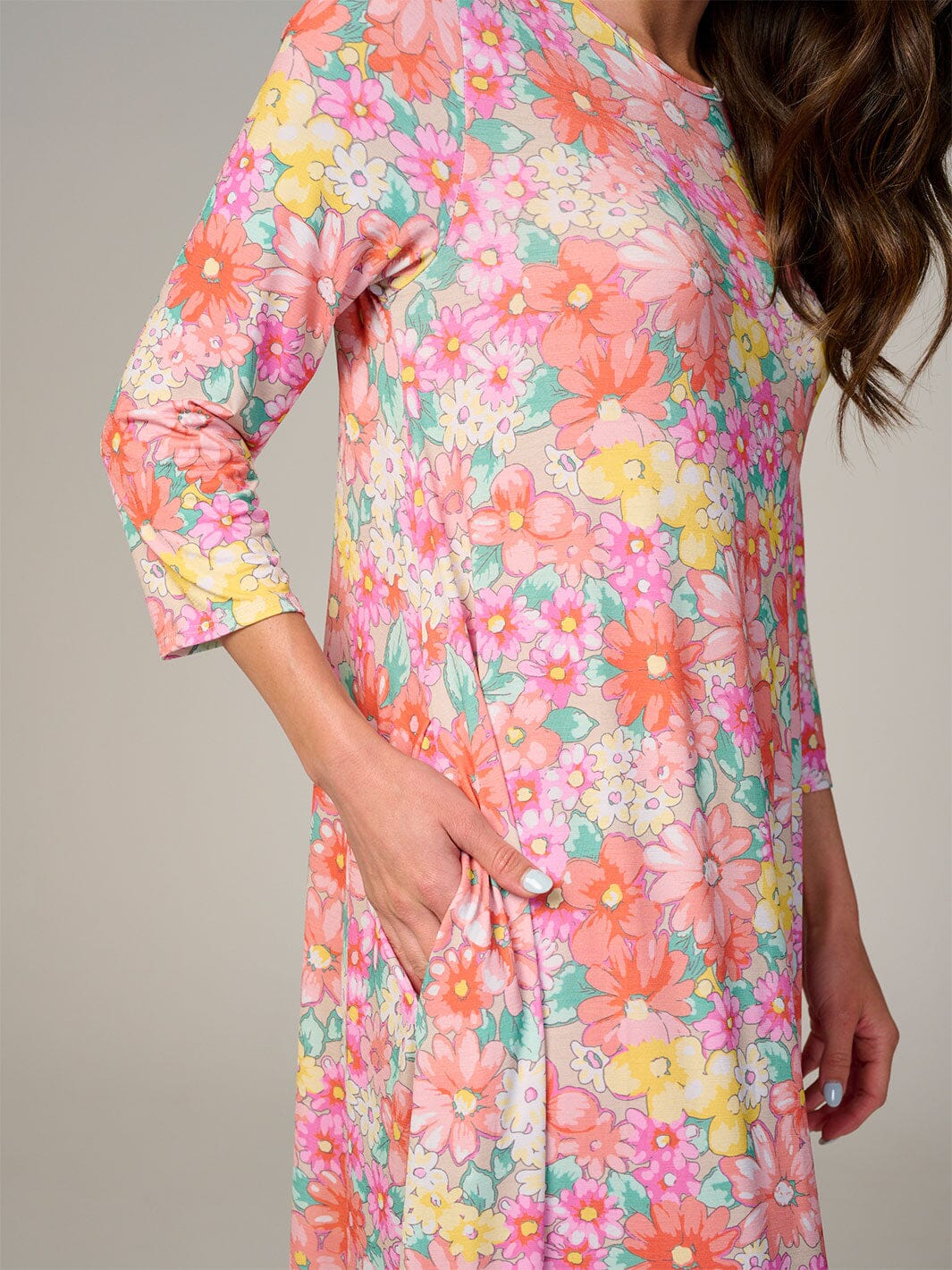 WOMEN'S 3/4 SLEEVE FRONT POCKETS FLORAL RUFFLE BOTTOM HEM MAXI DRESS
