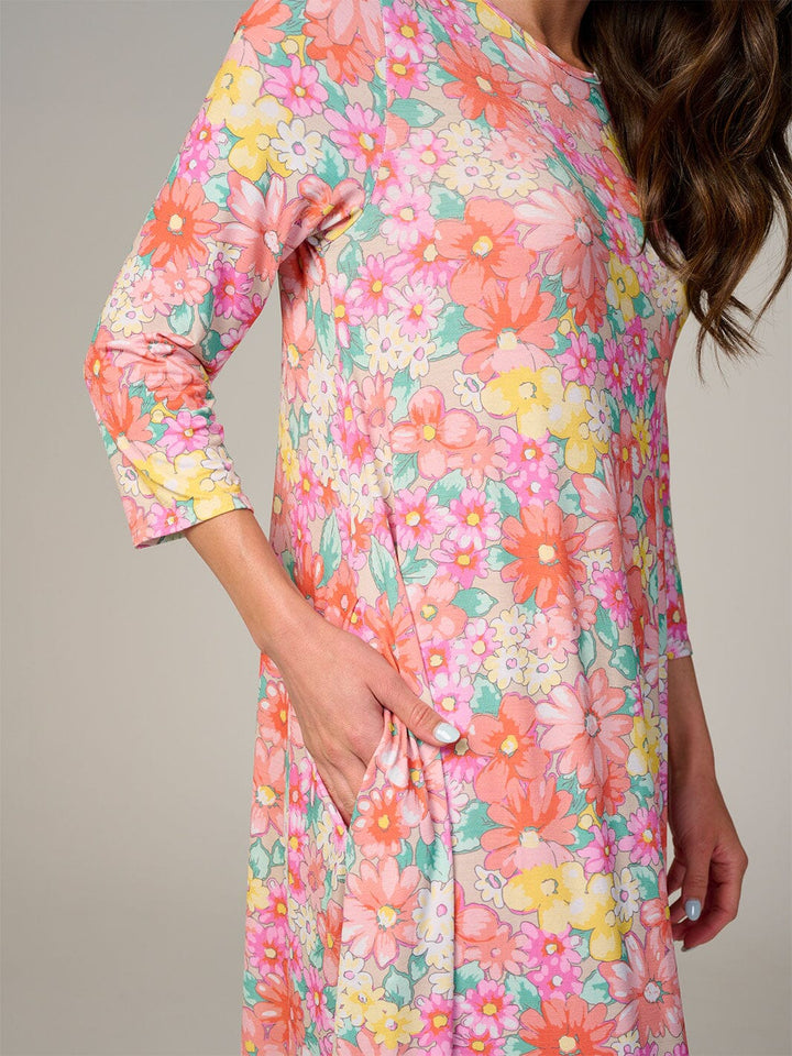 WOMEN'S 3/4 SLEEVE FRONT POCKETS FLORAL RUFFLE BOTTOM HEM MAXI DRESS