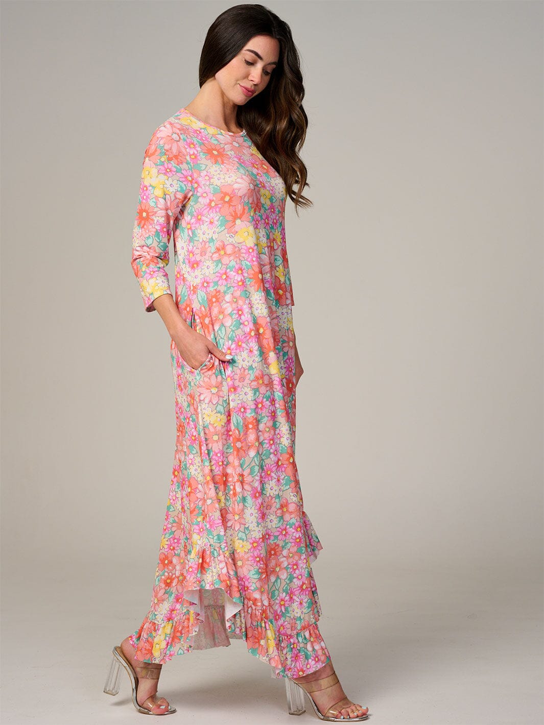 WOMEN'S 3/4 SLEEVE FRONT POCKETS FLORAL RUFFLE BOTTOM HEM MAXI DRESS