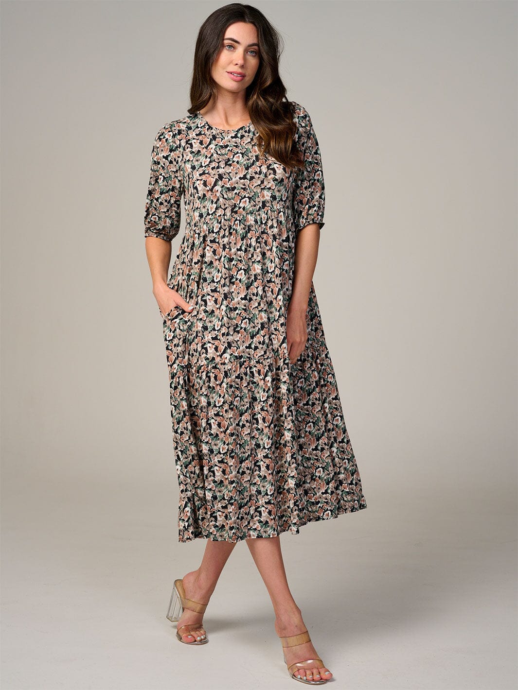 WOMEN'S SHORT SLEEVE FRONT POCKETS FLORAL MAXI DRESS