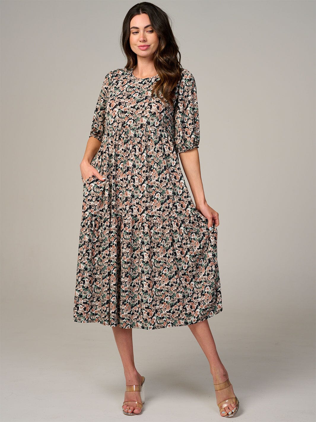 WOMEN'S SHORT SLEEVE FRONT POCKETS FLORAL MAXI DRESS