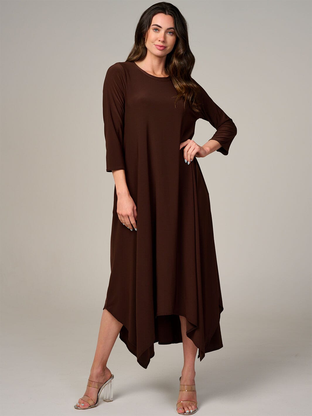 WOMEN'S 3/4 SLEEVE FRONT POCKETS HIGH-LOW MAXI DRESS