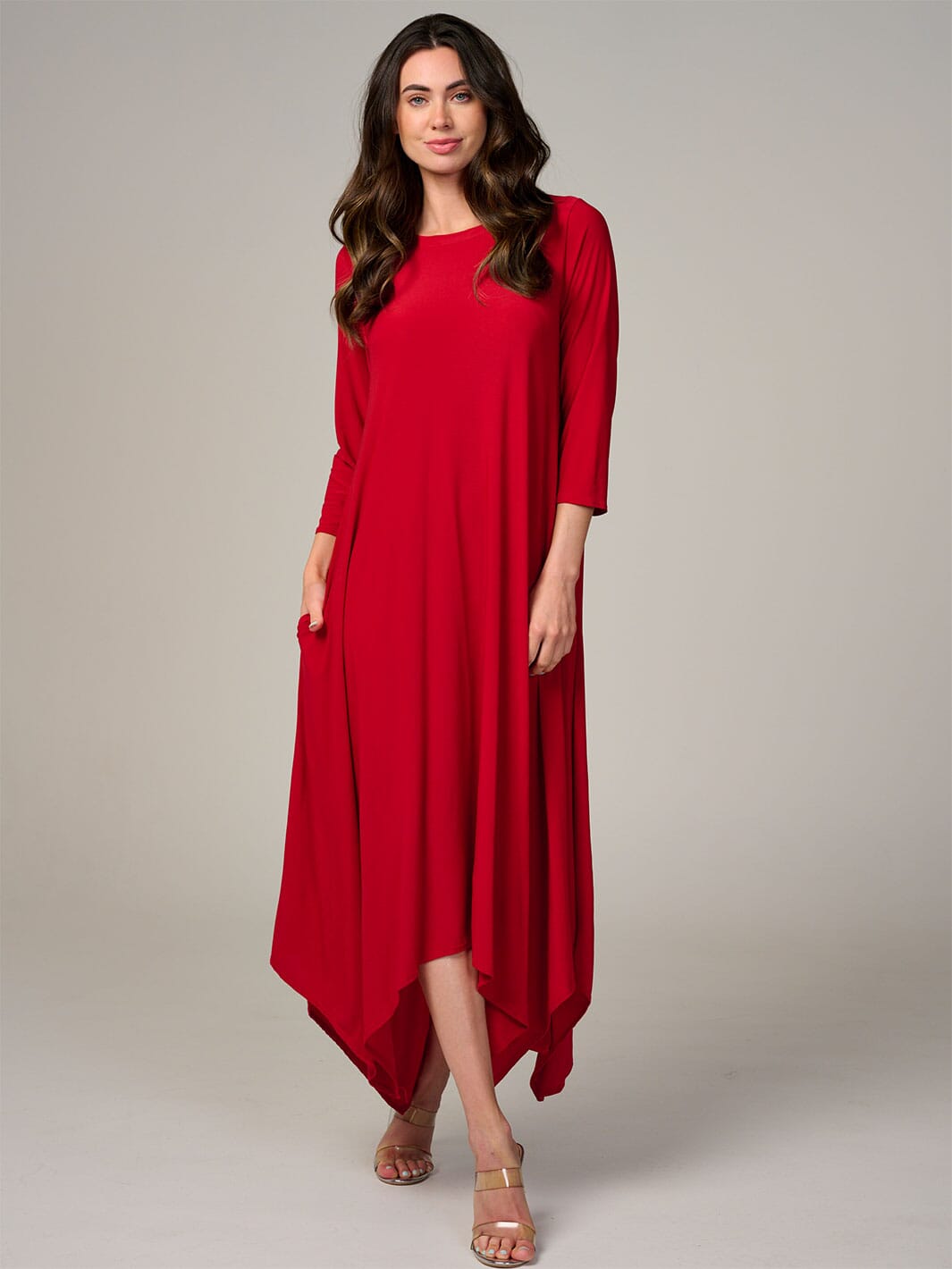 WOMEN'S 3/4 SLEEVE FRONT POCKETS HIGH-LOW MAXI DRESS