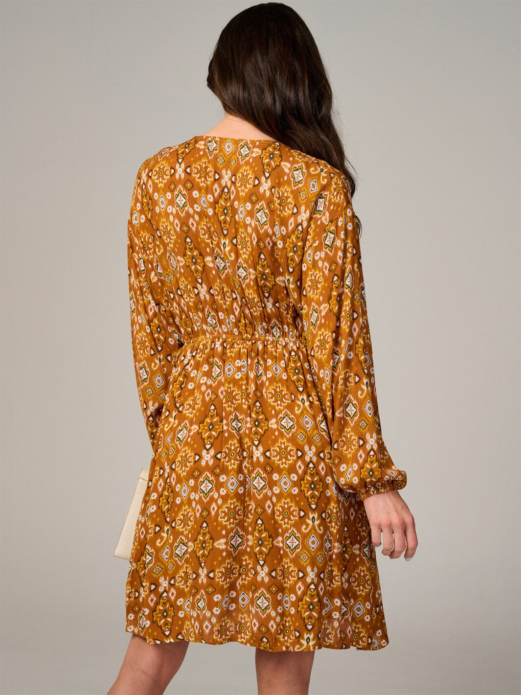 WOMEN'S LONG SLEEVE ELASTIC WAIST V-NECK MULTI PRINT MINI DRESS