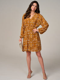 WOMEN'S LONG SLEEVE ELASTIC WAIST V-NECK MULTI PRINT MINI DRESS