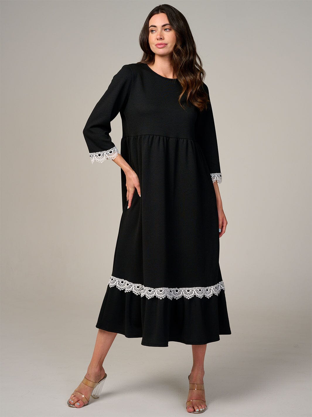 WOMEN'S 3/4 SLEEVE FRONT POCKETS CROCHET TRIM MAXI DRESS
