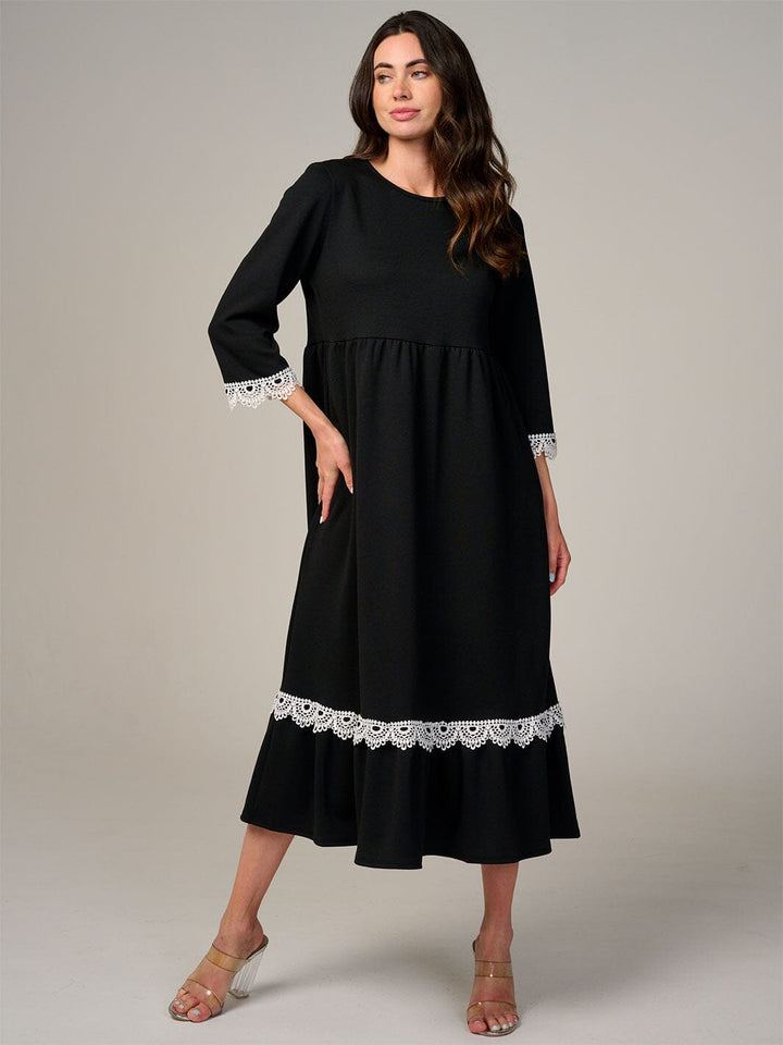 WOMEN'S 3/4 SLEEVE FRONT POCKETS CROCHET TRIM MAXI DRESS