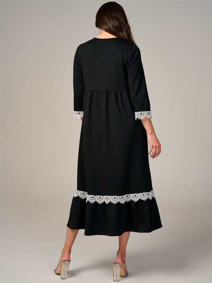 WOMEN'S 3/4 SLEEVE FRONT POCKETS CROCHET TRIM MAXI DRESS