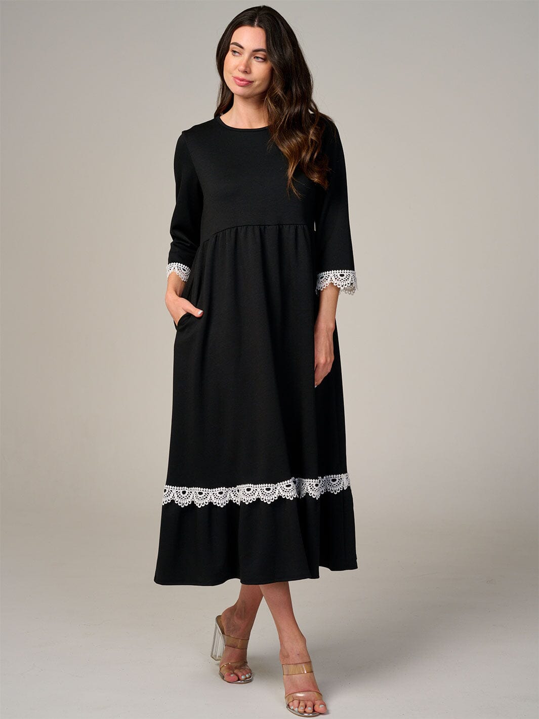 WOMEN'S 3/4 SLEEVE FRONT POCKETS CROCHET TRIM MAXI DRESS