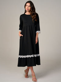 WOMEN'S 3/4 SLEEVE FRONT POCKETS CROCHET TRIM MAXI DRESS