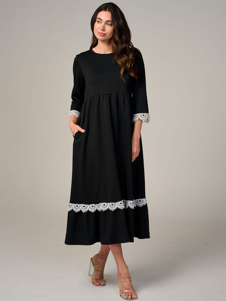 WOMEN'S 3/4 SLEEVE FRONT POCKETS CROCHET TRIM MAXI DRESS