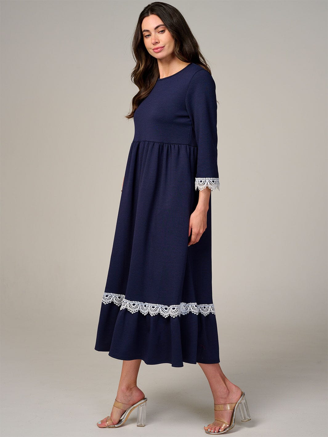 WOMEN'S 3/4 SLEEVE FRONT POCKETS CROCHET TRIM MAXI DRESS