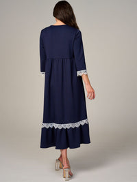 WOMEN'S 3/4 SLEEVE FRONT POCKETS CROCHET TRIM MAXI DRESS