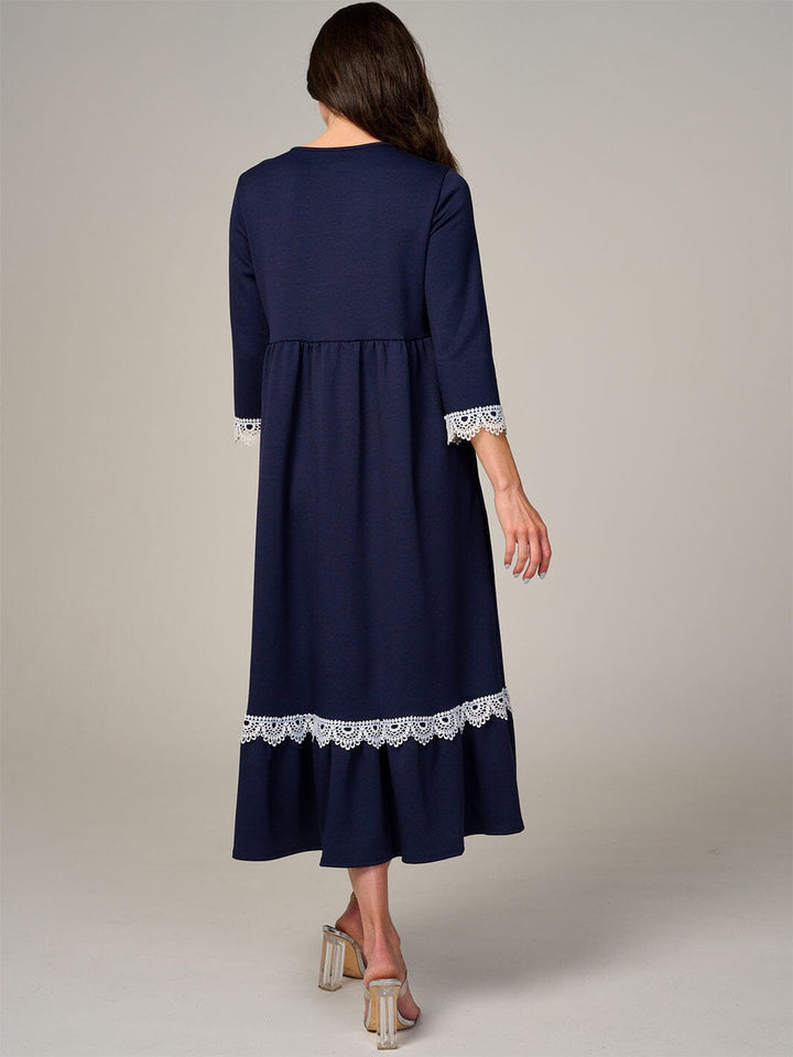 WOMEN'S 3/4 SLEEVE FRONT POCKETS CROCHET TRIM MAXI DRESS