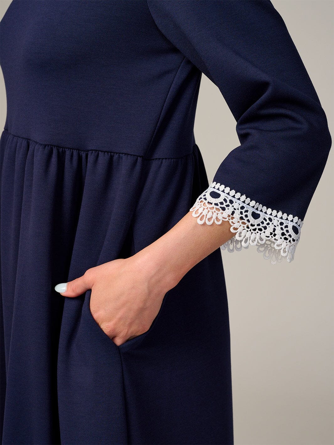WOMEN'S 3/4 SLEEVE FRONT POCKETS CROCHET TRIM MAXI DRESS