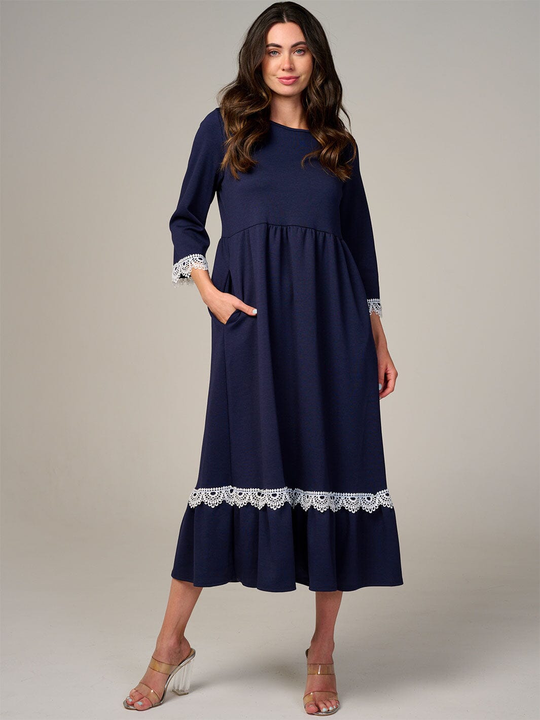 WOMEN'S 3/4 SLEEVE FRONT POCKETS CROCHET TRIM MAXI DRESS