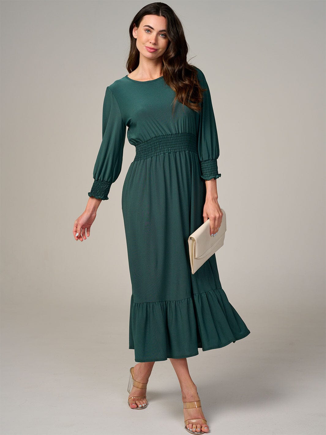 WOMEN'S 3/4 SLEEVE SMOCK WAIST FRONT POCKETS RUFFLE BOTTOM HEM MAXI DRESS