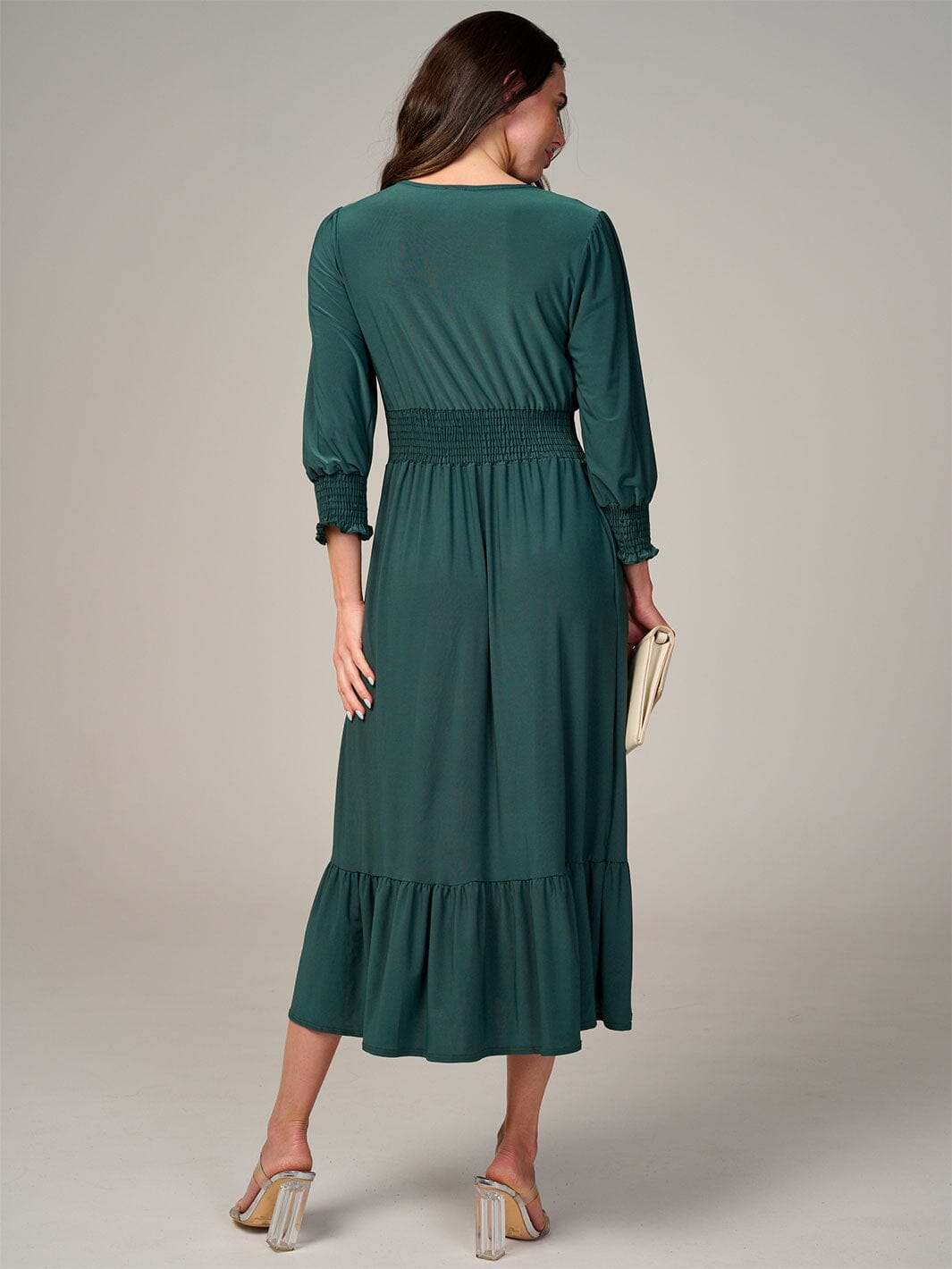 WOMEN'S 3/4 SLEEVE SMOCK WAIST FRONT POCKETS RUFFLE BOTTOM HEM MAXI DRESS