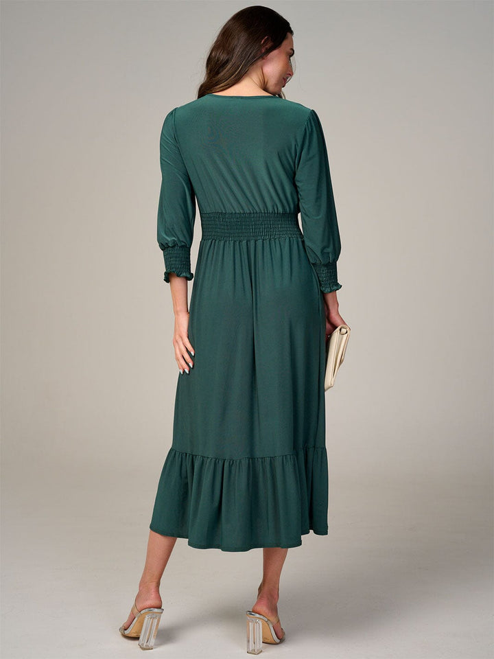 WOMEN'S 3/4 SLEEVE SMOCK WAIST FRONT POCKETS RUFFLE BOTTOM HEM MAXI DRESS