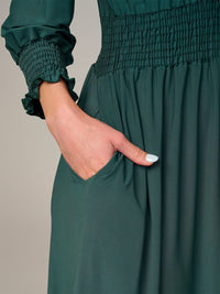 WOMEN'S 3/4 SLEEVE SMOCK WAIST FRONT POCKETS RUFFLE BOTTOM HEM MAXI DRESS