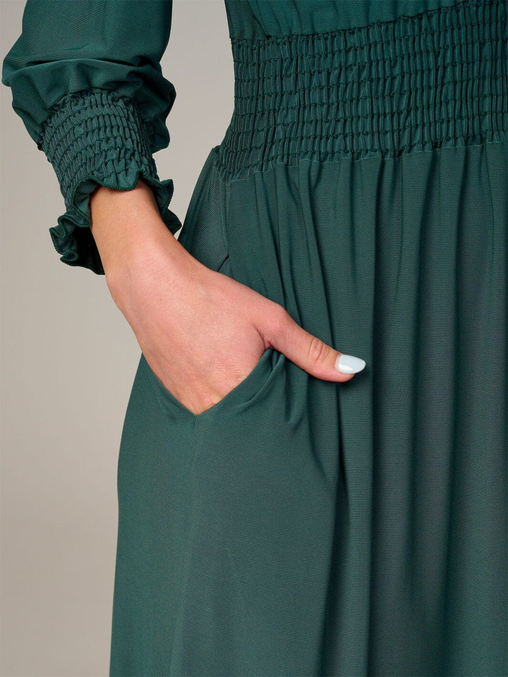 WOMEN'S 3/4 SLEEVE SMOCK WAIST FRONT POCKETS RUFFLE BOTTOM HEM MAXI DRESS