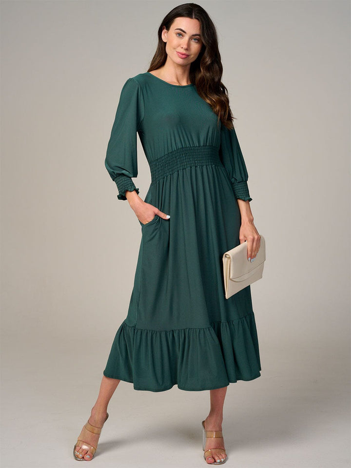 WOMEN'S 3/4 SLEEVE SMOCK WAIST FRONT POCKETS RUFFLE BOTTOM HEM MAXI DRESS