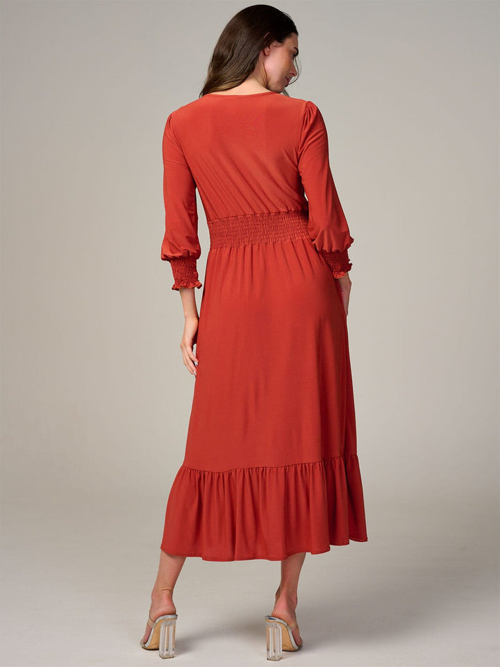 WOMEN'S 3/4 SLEEVE SMOCK WAIST FRONT POCKETS RUFFLE BOTTOM HEM MAXI DRESS