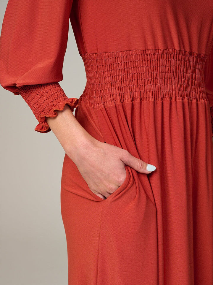 WOMEN'S 3/4 SLEEVE SMOCK WAIST FRONT POCKETS RUFFLE BOTTOM HEM MAXI DRESS