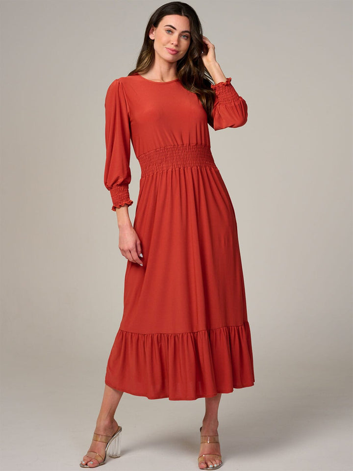 WOMEN'S 3/4 SLEEVE SMOCK WAIST FRONT POCKETS RUFFLE BOTTOM HEM MAXI DRESS