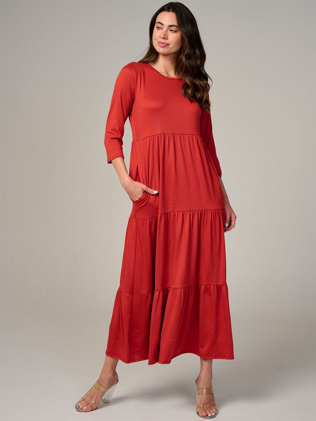 WOMEN'S 3/4 SLEEVE FRONT POCKETS TIERED MAXI DRESS
