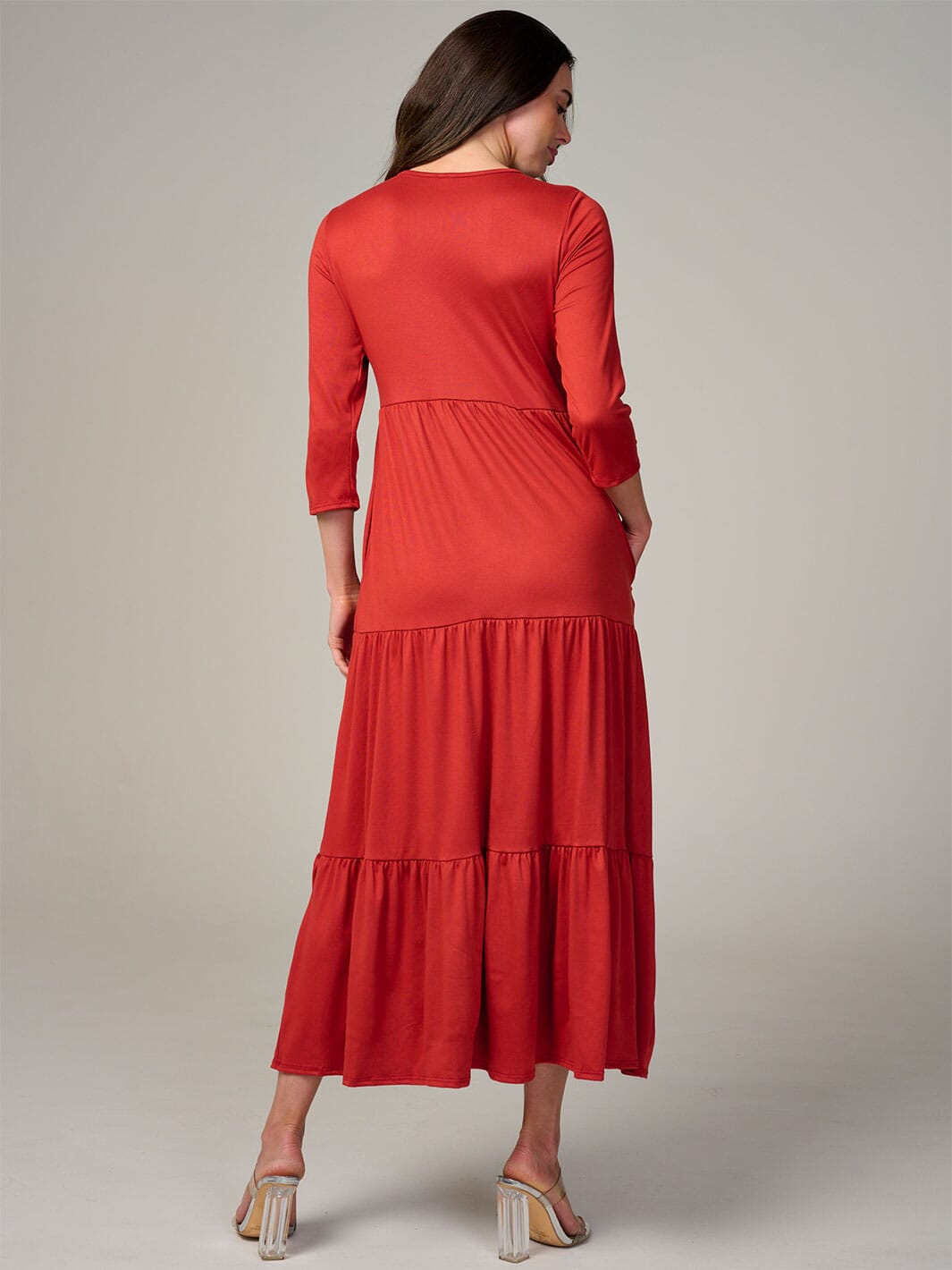 WOMEN'S 3/4 SLEEVE FRONT POCKETS TIERED MAXI DRESS