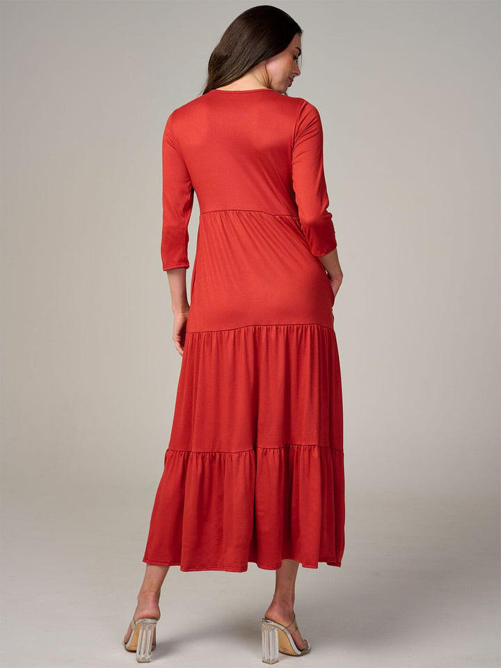 WOMEN'S 3/4 SLEEVE FRONT POCKETS TIERED MAXI DRESS