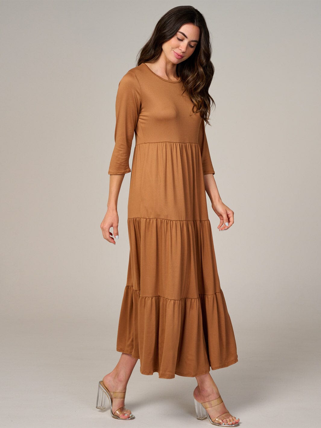 WOMEN'S 3/4 SLEEVE FRONT POCKETS TIERED MAXI DRESS