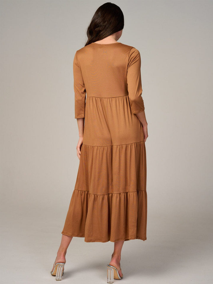 WOMEN'S 3/4 SLEEVE FRONT POCKETS TIERED MAXI DRESS