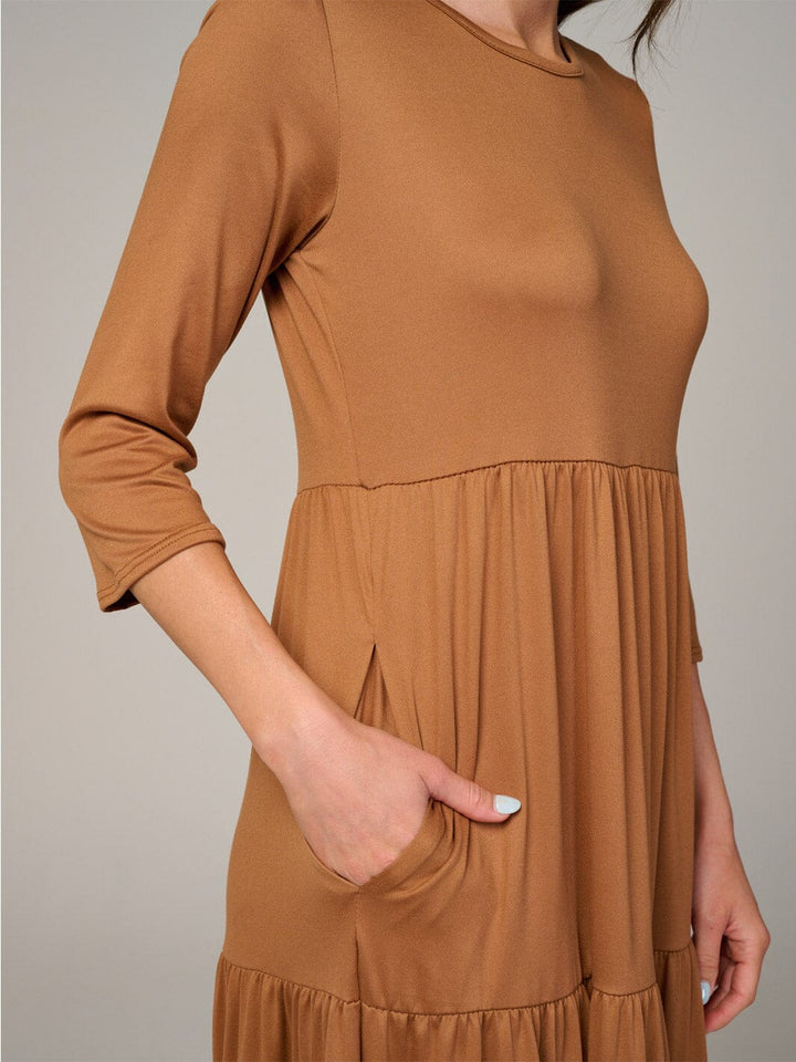 WOMEN'S 3/4 SLEEVE FRONT POCKETS TIERED MAXI DRESS