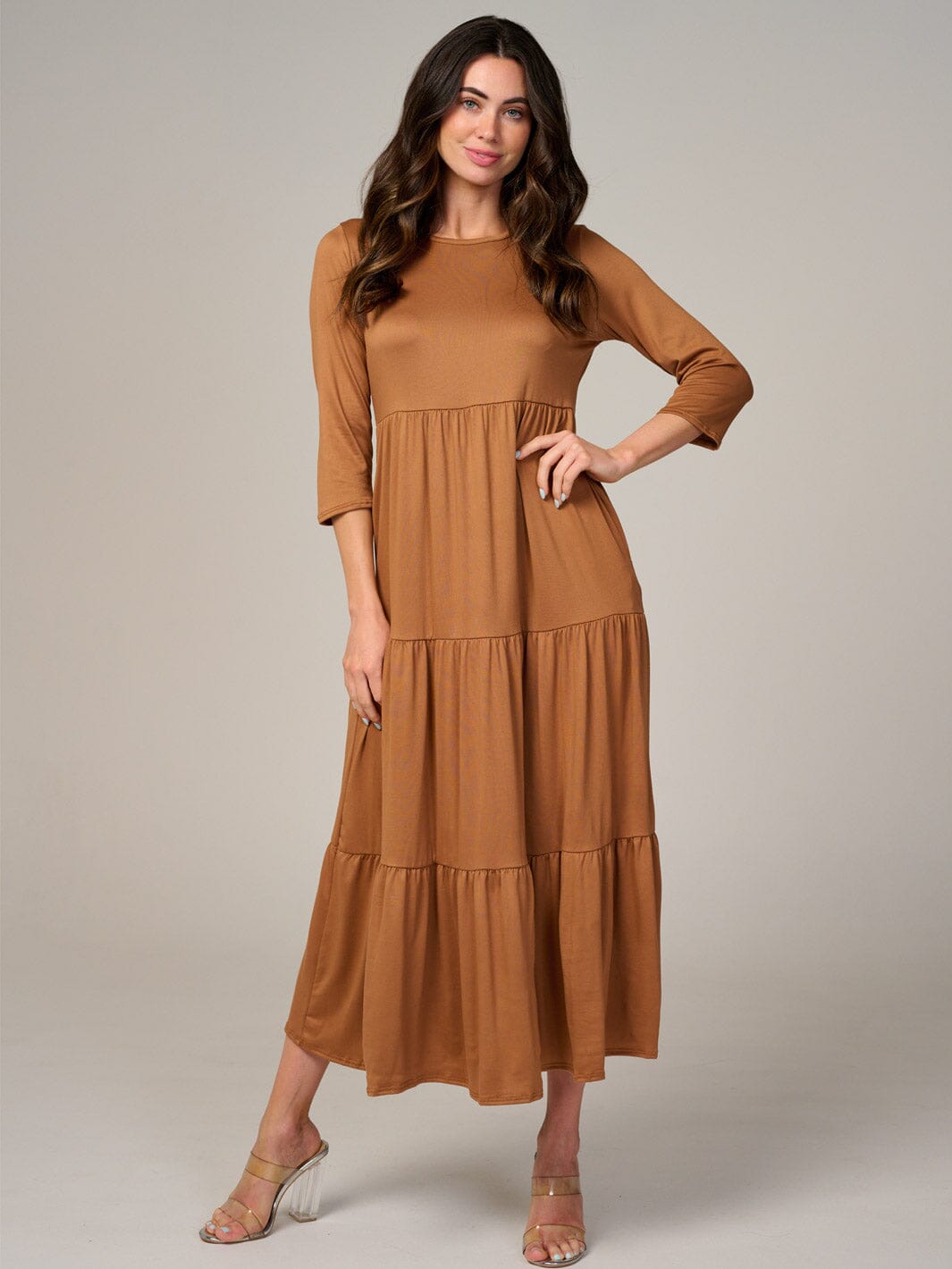 WOMEN'S 3/4 SLEEVE FRONT POCKETS TIERED MAXI DRESS