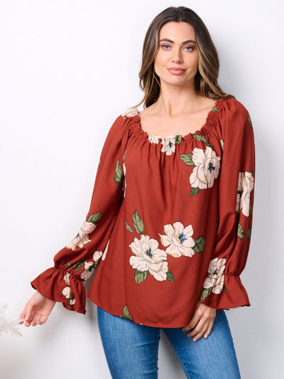 WOMEN'S LONG SLEEVE ELASTIC NECK FLORAL BLOUSE TOP