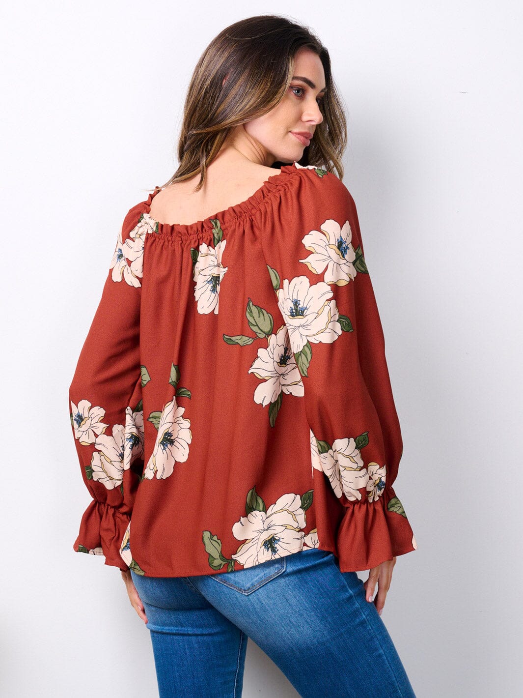WOMEN'S LONG SLEEVE ELASTIC NECK FLORAL BLOUSE TOP