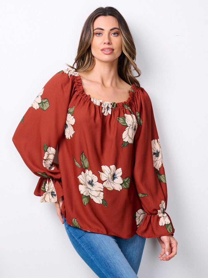WOMEN'S LONG SLEEVE ELASTIC NECK FLORAL BLOUSE TOP