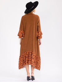 WOMEN'S LONG BELL SLEEVE BUTTON UP FRONT POCKETS ANIMAL PRINT CONTRAST MAXI DRESS