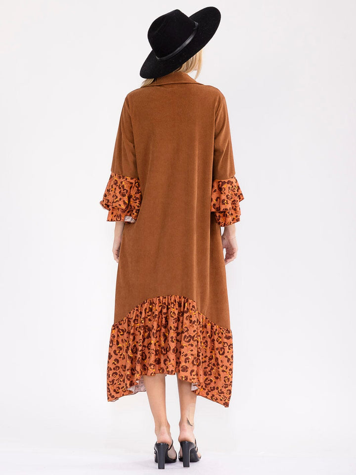 WOMEN'S LONG BELL SLEEVE BUTTON UP FRONT POCKETS ANIMAL PRINT CONTRAST MAXI DRESS