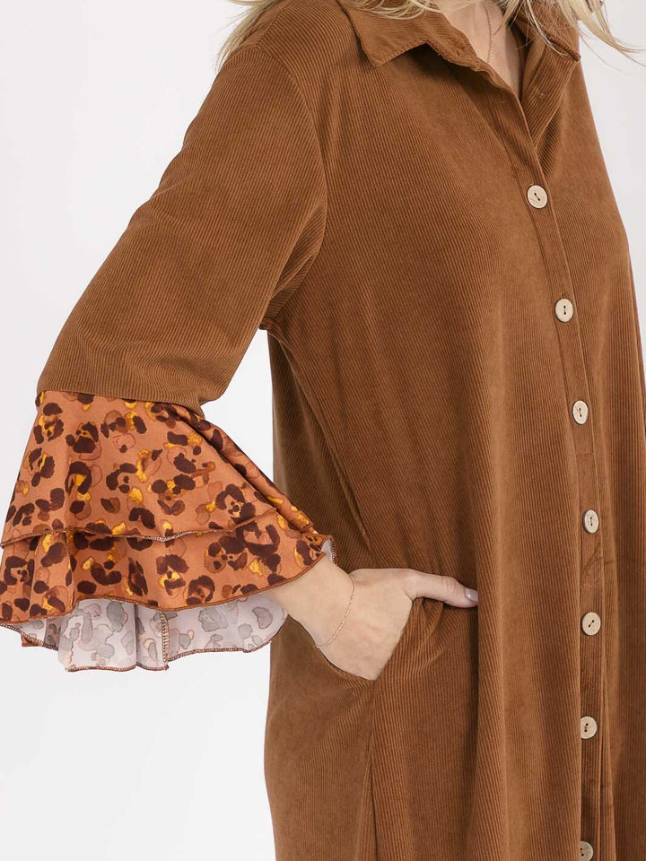 WOMEN'S LONG BELL SLEEVE BUTTON UP FRONT POCKETS ANIMAL PRINT CONTRAST MAXI DRESS